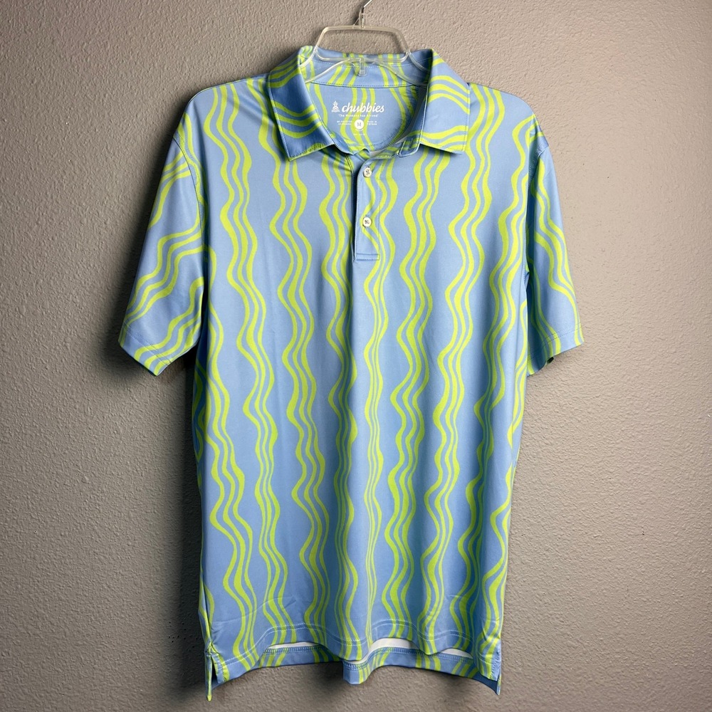 Chubbies Mens Performance Polo Shirt Med Blue Green Wavy Stripe Stretch Coastal